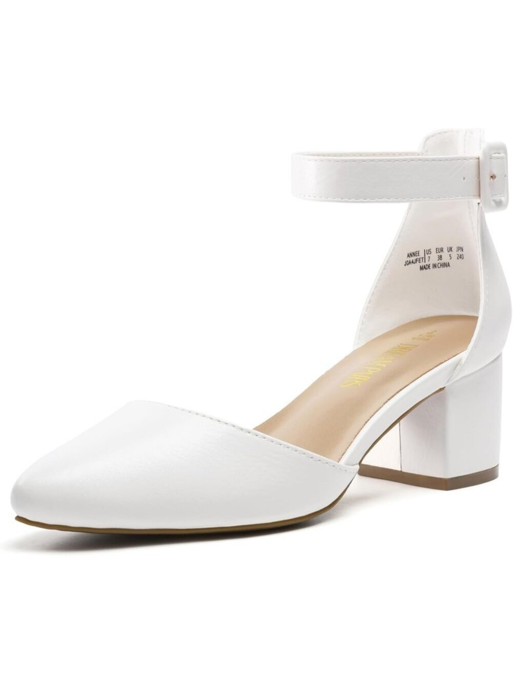 Women's White Pu ANNEE Closed Toe Low Chunky Block Heels Ankle Strap Pumps Shoes